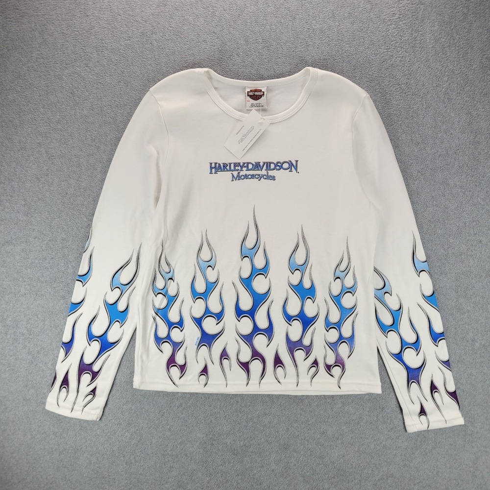 Harley-Davidson Womens White Blue Purple Flame Long Sleeve‎ T-Shirt 2X NWT USA